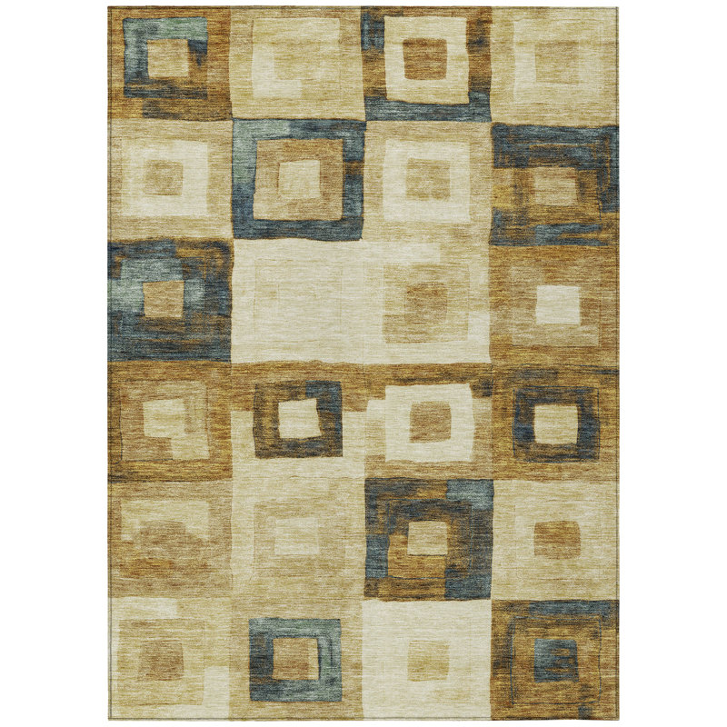 Beige Rectangular Synthetic Washable Indoor/Outdoor Rug 3' x 5'