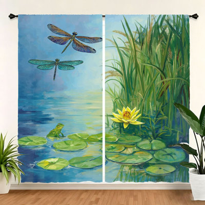 2 pièces de rideaux d'étang de libellules et de grenouilles, scène de nénuphar artistique, impression de nature, filtrage de la lumière, passe-tringle, salon, chambre à coucher, balcon, cuisine, décoration intérieure