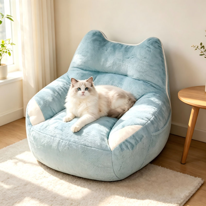 Cute Cat Ear Fluffy Bean Bag Chair, Oversized Soft Plush Lounge Chair for Bedroom Reading Nook Relaxation