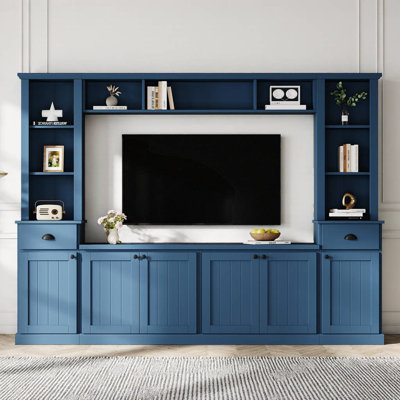 Ensemble de meuble mural 103 po avec pont pour les téléviseurs de 75 po et moins, meuble télé 103 po avec rangement spacieux, 4 tablettes réglables et 4 armoires, console média pour le salon