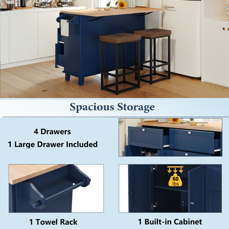 Blue Wood 50.3 in. Kitchen Island Set with Drop Leaf and 2-Seatings, D