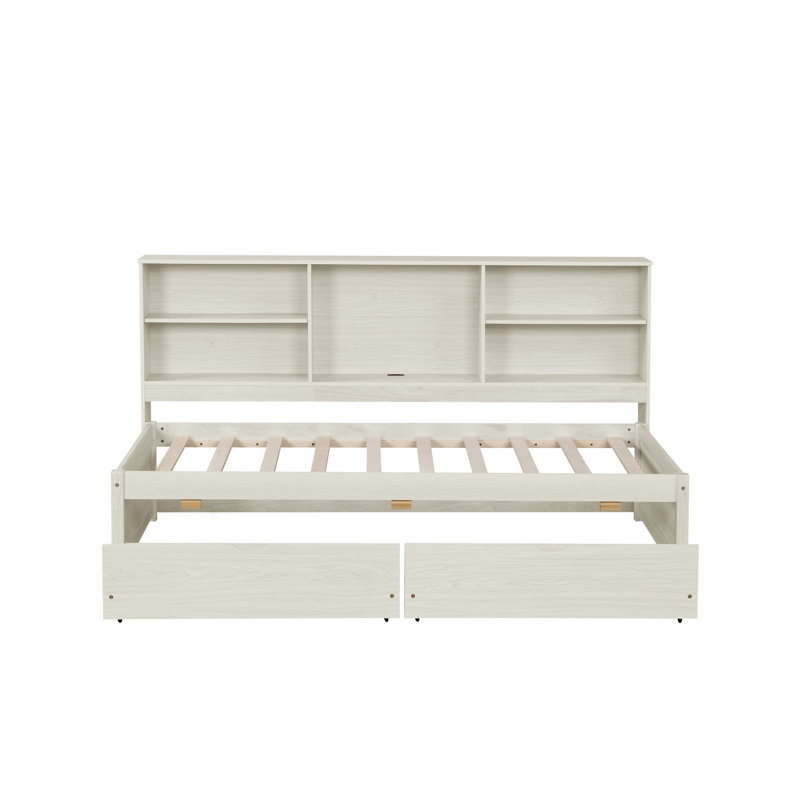 Twin Size Bed Frame With Side Bookshelves, Two Drawers, And Built-In USB Port, White