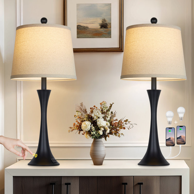Modern Black Table Lamps with USB-C Ports, Touch Control, 27.5" Height, Oatmeal Fabric Shade, Black
