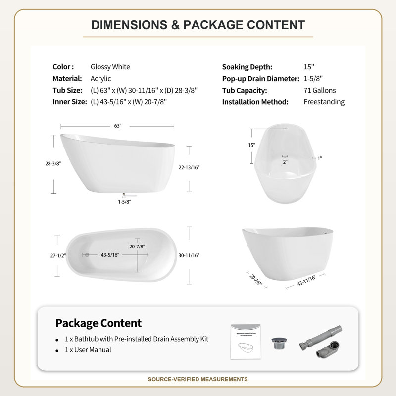 Baignoire de trempage autoportante 63 po sculptée 63 po avec bordure blanche brillante, 63 in, Gloss White