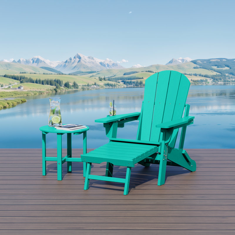Outdoor Folding Adjustable Adirondack Chair With Hideaway Ottoman & Round Side Table, Turquoise