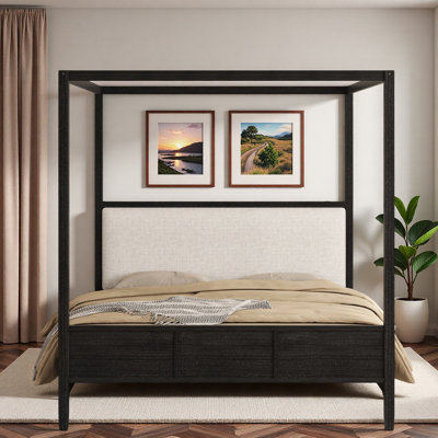 Wooden Canopy Platform Bed With Upholstery Headboard