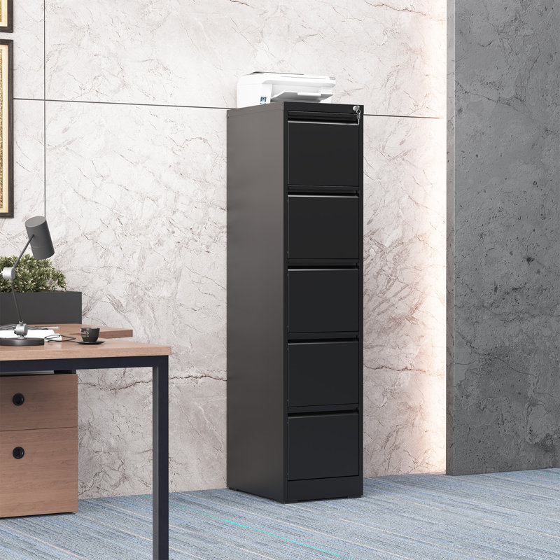 Black 5-Drawer Vertical Metal File Cabinet with Lock, Slim Profile for Home Office, Full Extension Drawers for Letter Legal A4 Files