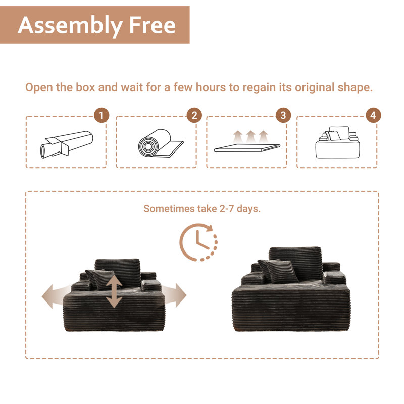 Hogle 48.42'' Wide Upholstered Plush Corduroy Chaise Lounge Sofas With Pillows And Armrests, Grey Plush Corduroy