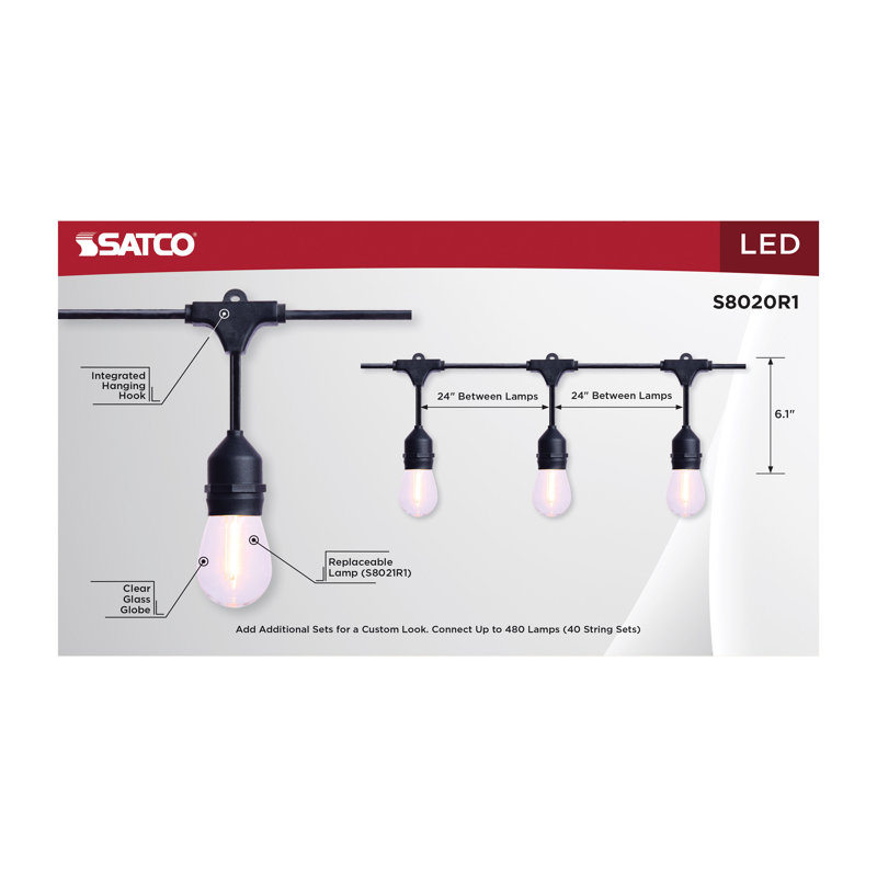 24 Foot LED String Light 12-S14 Lamps 2700K CCT Black 120V