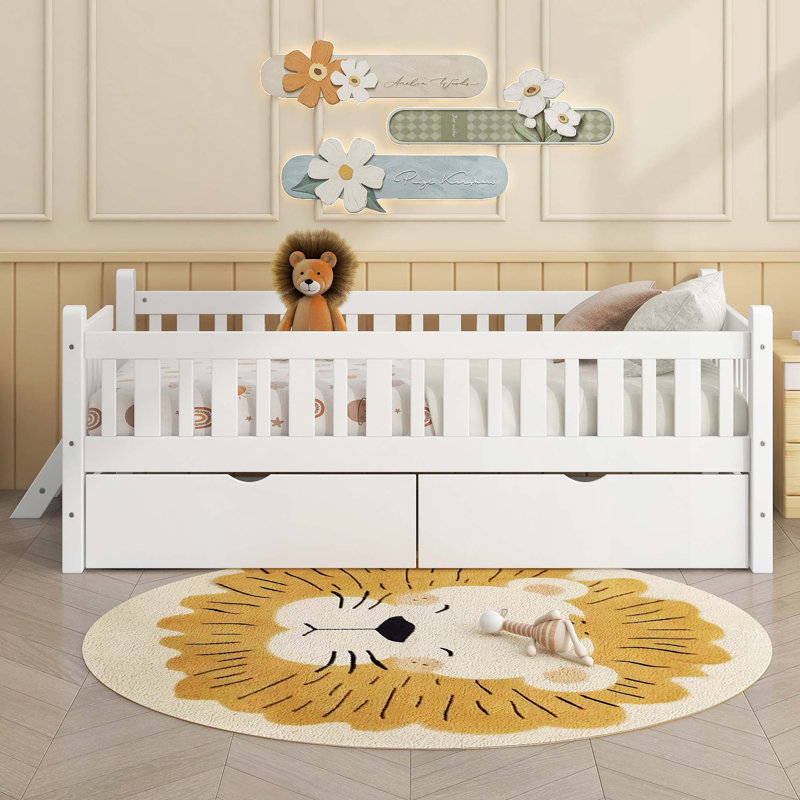 Lit en bois avec tiroirs de rangement, Blanc