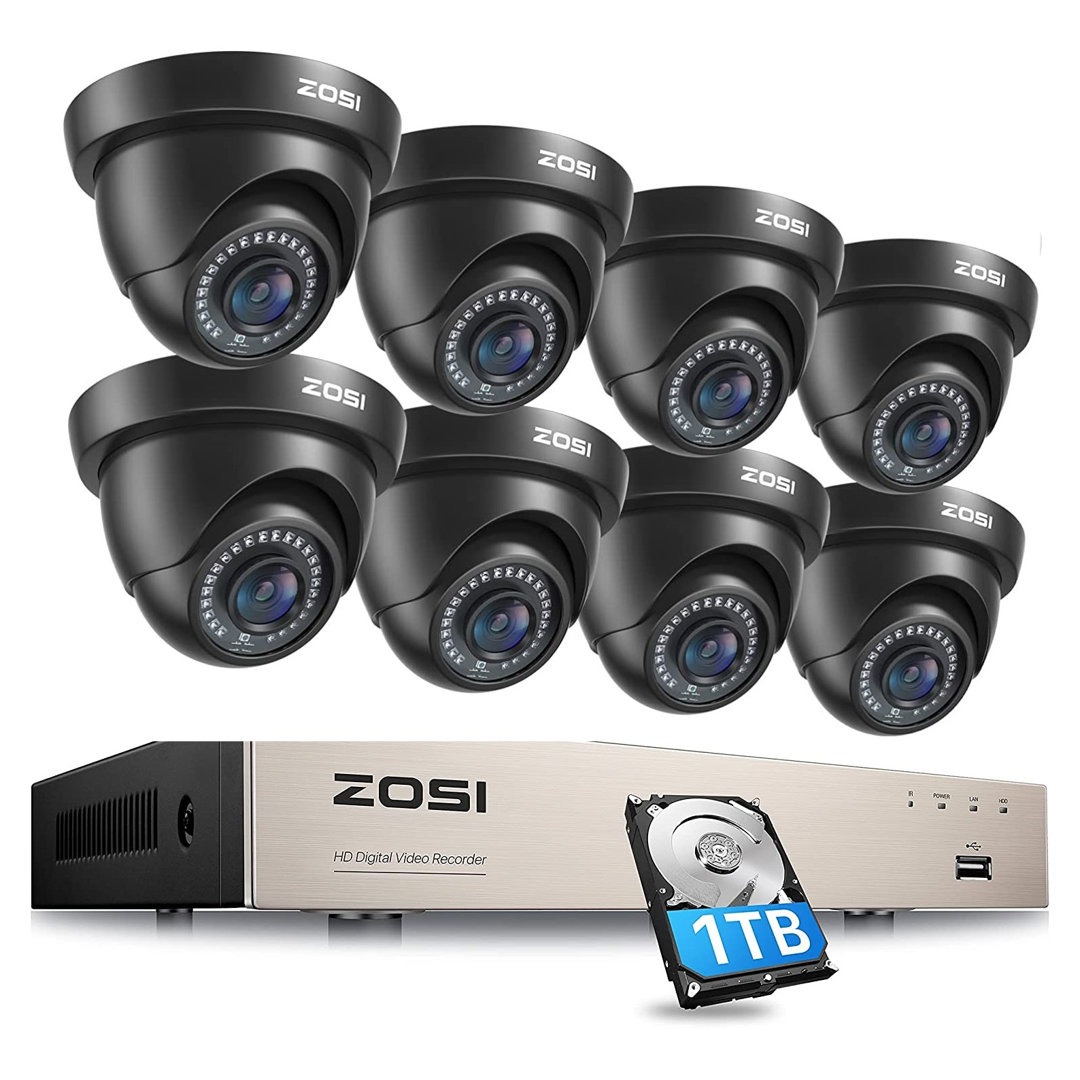 8CH DVR Security Cameras System with 1TB HDD, 8 x 2MP Outdoor Dome Security Cameras, Motion Alert ZOSI Fixture