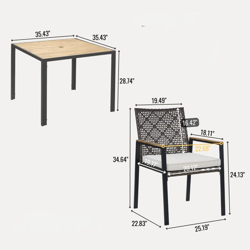 Square 4 - Person 35.43" Long Steel Dining Set With Cushions, Light Gray Cushion/Coffee Brown Frame