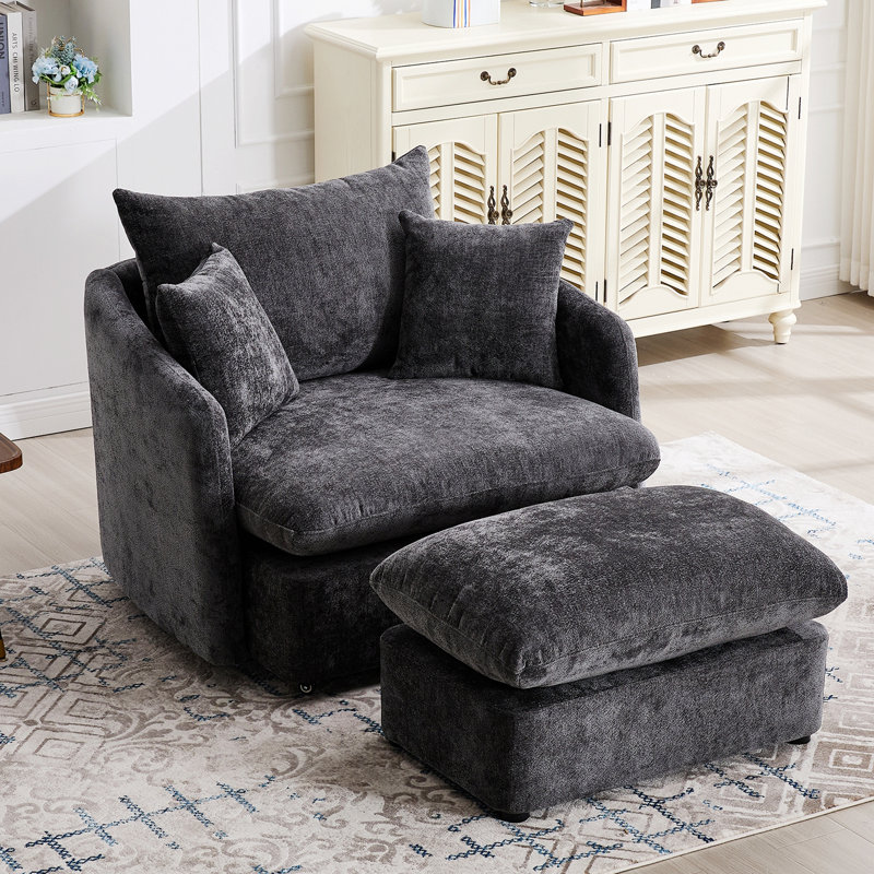 Single Chair for Home, Upholstered Swivel Accent Chair with Ottoman, Pillows for Living Room, Beige Chenille