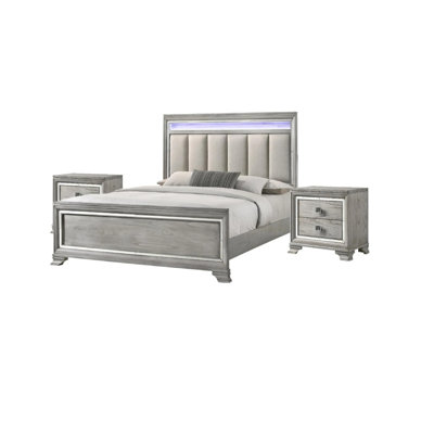 Ensemble de table de chevet moderne à très grand lit 3 pièces avec éclairage à DEL intégré tête de lit capitonnée grain de bois gris doux mobilier en bois massif