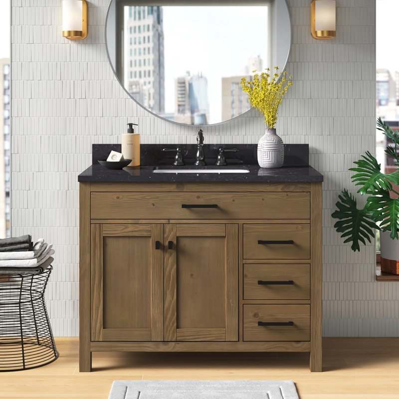Ensemble de meuble-lavabo simple 42 po Ajiya, Naturel texturé / noir mat, Calcaire bleu