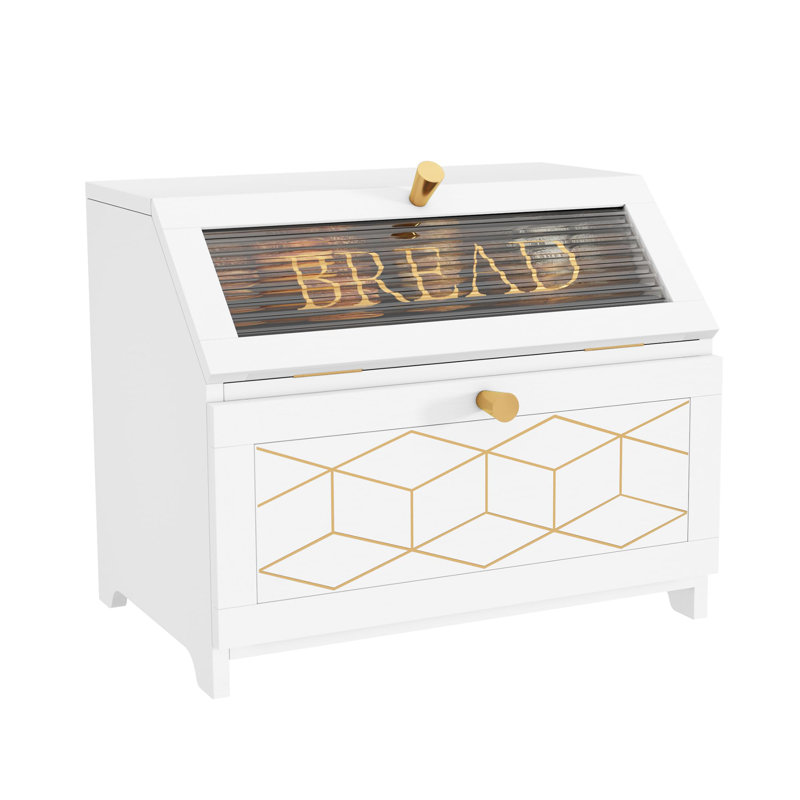 Boîte à pain double compartiment avec bordure dorée, rangement en bois pour comptoir, rangement en coin pour le pain (blanc uni).