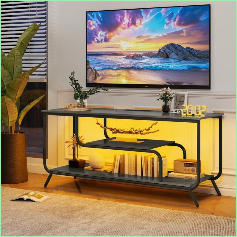 TV Furniture | Modern Light Gray TV Stand with Power Outlets &amp; LED Lights | Fits 32-55” TVs | MDF+Iron | Contemporary