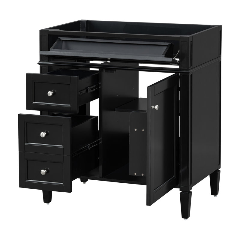 Meuble-lavabo de salle de bain de 30 po sans lavabo, conception moderne, 2 tiroirs et tiroir basculant, rangement divers avec porte d'armoire, glissières de tiroir en métal lisse et bois massif pour le noir