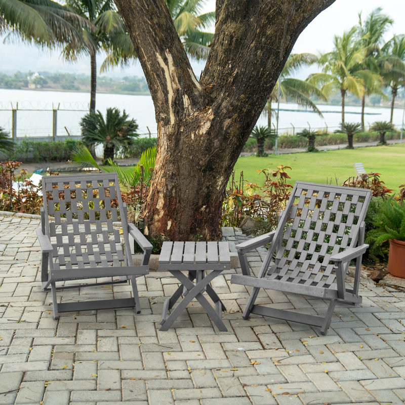 Pinecrest Fully Assembled All-Weather Outdoor Folding Lounge Chair and Table 3 Piece Set, Gray