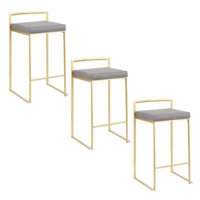 Fuji 26" Contemporary Stackable Counter Stool In Brushed Stainless Steel With Black Faux Leather By Lumisource - Set Of 3