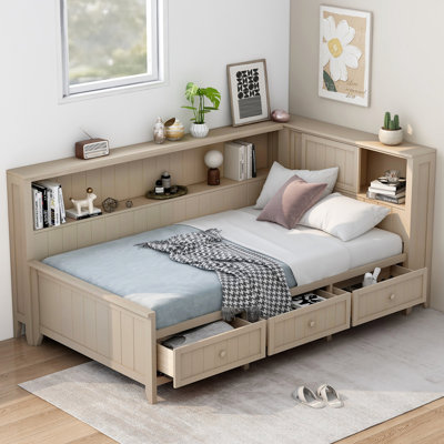Wood Daybed with Storage Shelves and 3 Drawers