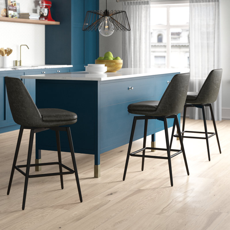 Betzalel Swivel Upholstered Faux Leather Counter Stool with Iron Frame, Gray