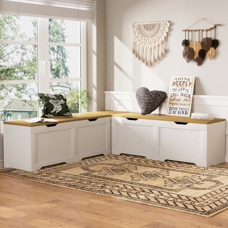 Banc de rangement en forme de L 3 pièces avec coussin, blanc et naturel, multifonctionnel pour un usage domestique, Blanc