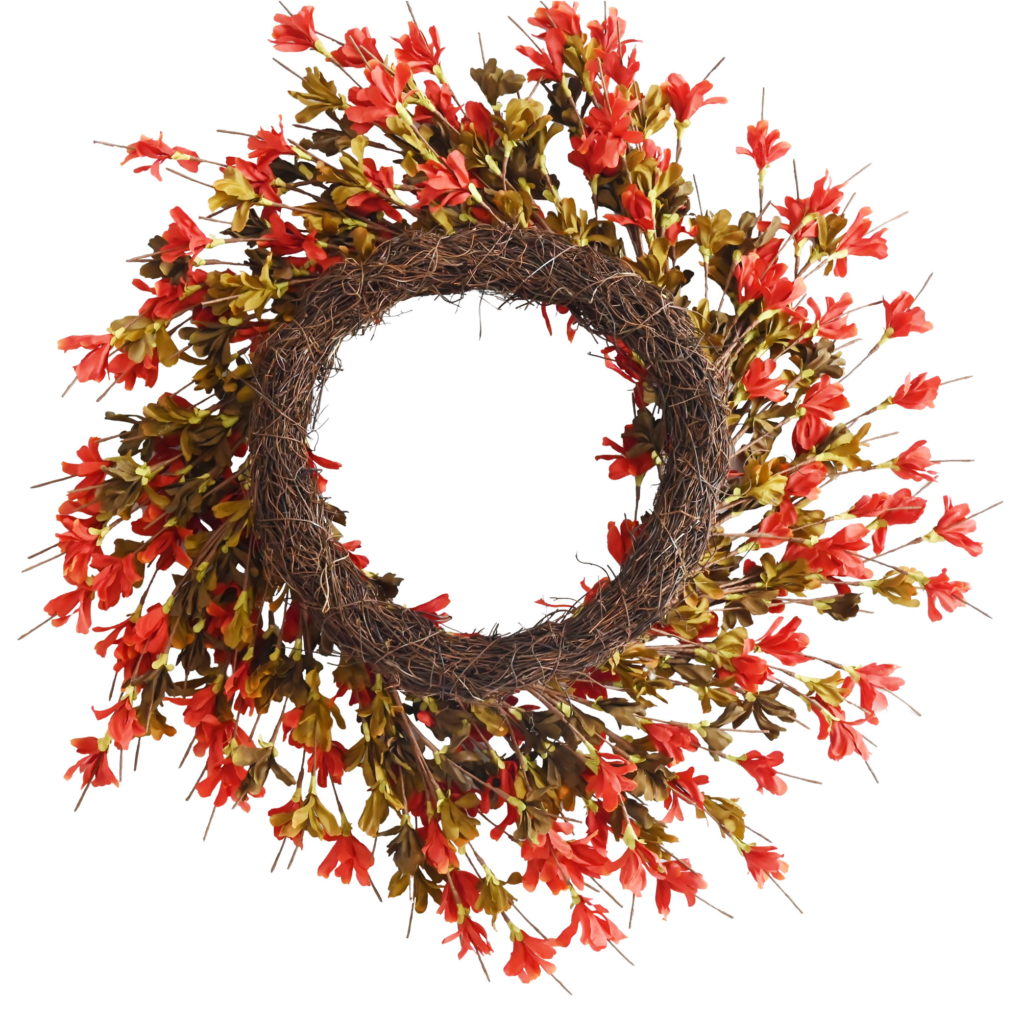24" Handcrafted Faux Forsythia Silk Wreath for Front Door, Orange Gold