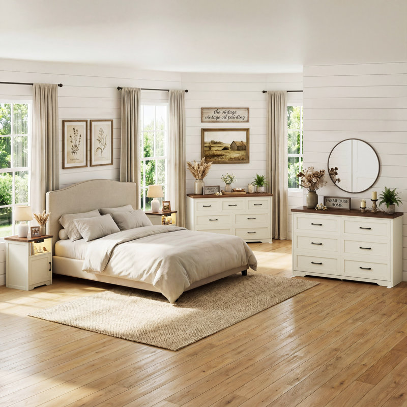 Ensemble de chambre à coucher 3 pièces Hawthorne - Commode 7 tiroirs, commode 6 tiroirs et 2 tables de chevet avec lumière DEL et prises de courant