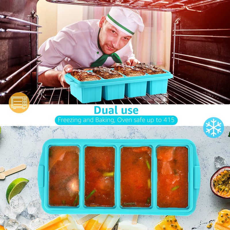 Plateau de congélateur en silicone avec couvercle - Moules pour aliments de congélateur en silicone - Grand plateau de glaçons, paquet de 4 contenants de congélateur en silicone, soupe à congeler et à ranger, sauce, bouillon, restes - donne 4 tasses parfaites