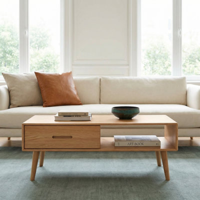 39"W Solid Oak Coffee Table with Drawer