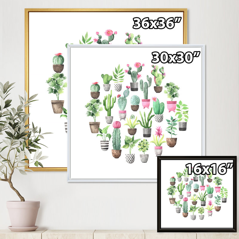 Cactus dans des pots en céramique aux tons doux II - peinture sur toile, H 36 po x l 36 po x 1,5 po, Cadre flottant noir
