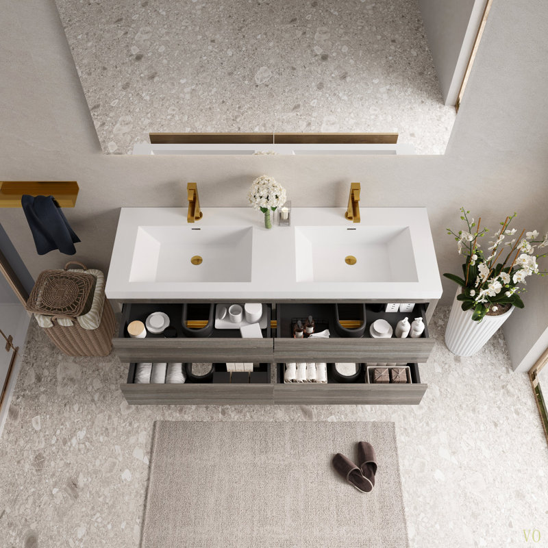 Meuble-lavabo mural 60 po avec lavabos doubles, meuble de rangement flottant pour salle de bain avec comptoir en résine de pierre et tiroirs à fermeture en douceur