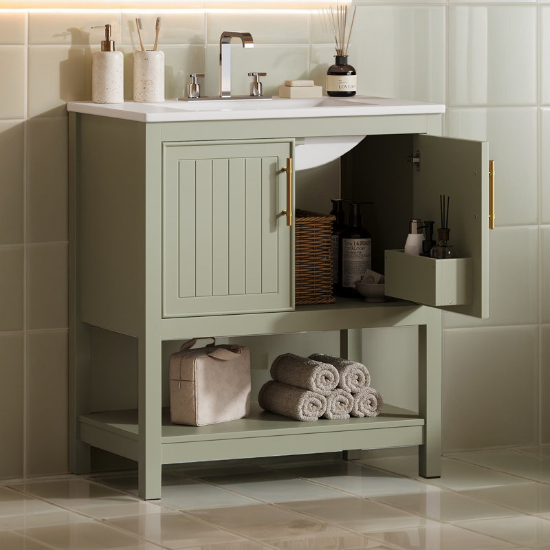 Meuble-lavabo simple 30 po avec plateau supérieur en céramique et tablette inférieure ouverte, Vert