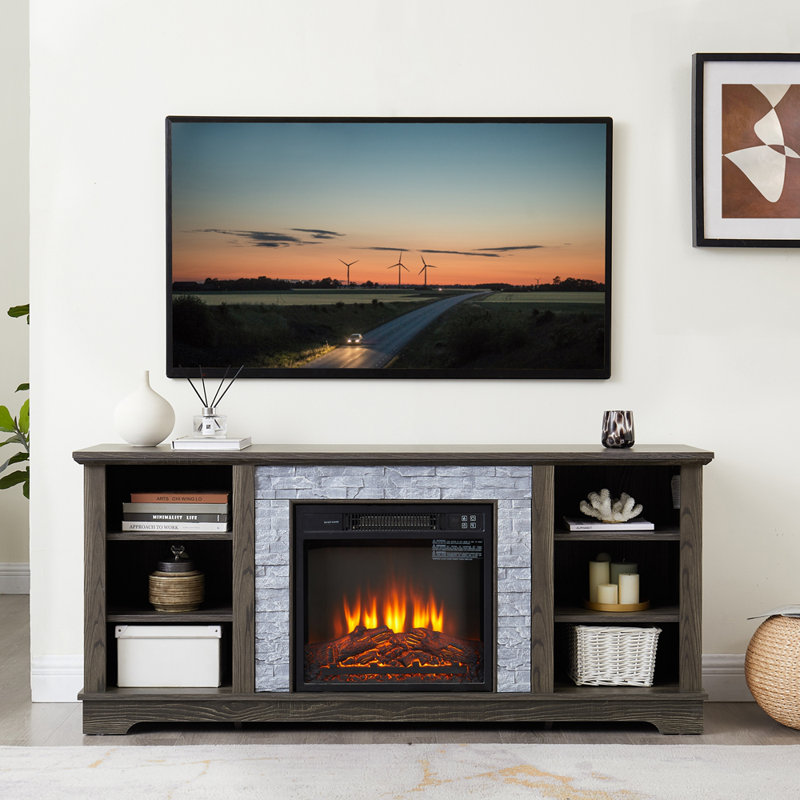 Meuble télé avec foyer Mantel, avec console de divertissement moderne et espace de rangement ouvert avec foyer 18 po, gris, l 58,31 po x P 15,39 po x H 26,06 po