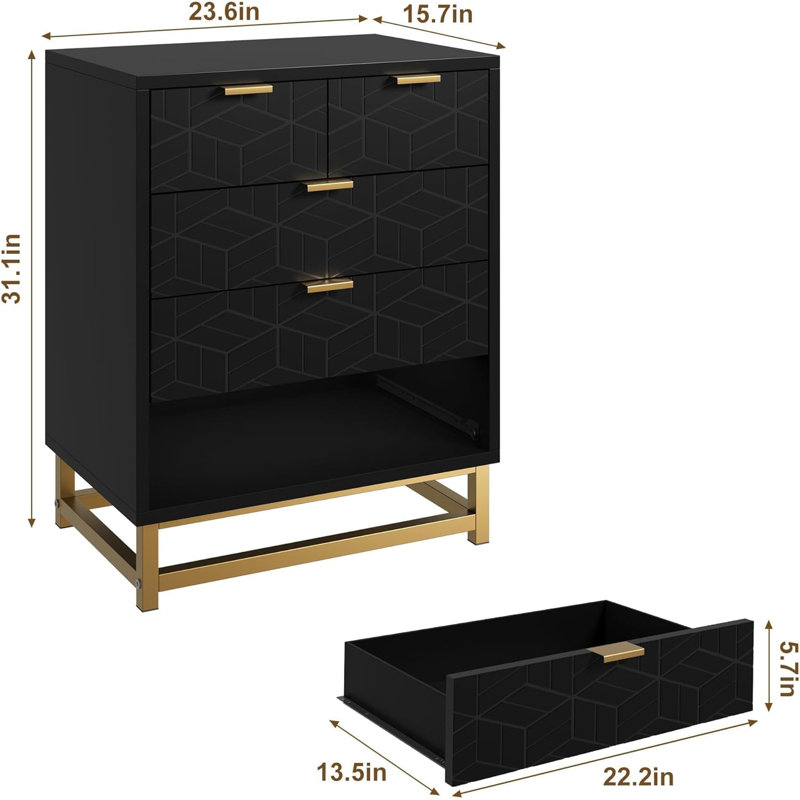 Commode 5 tiroirs pour chambre à coucher, Noir, noir, noir, noir