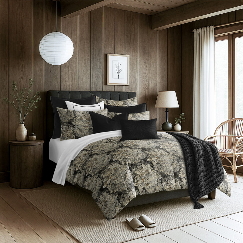 Ensemble d’édredon Faye, Édredon grand + 2 taies décoratives, Damas gris anthracite