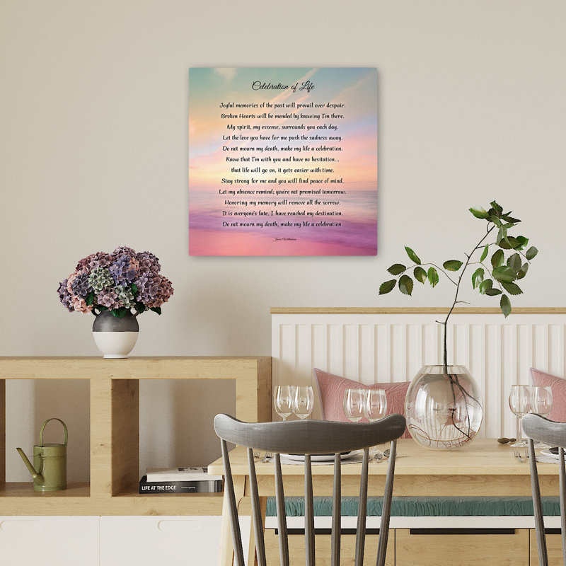Célébration de la vie, art typographique contemporain au lever du soleil, H 18 po x l 18 po