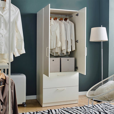 Armoire en bois à deux portes avec deux tiroirs et barres suspendues en blanc