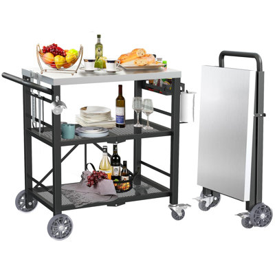 Foldable 3-Tier Grill Cart, Outdoor Grill Table with Wheels, Movable Food Prep Table, Rolling Barbecue Cart, Stainless Steel Pizza Oven Table for Pati