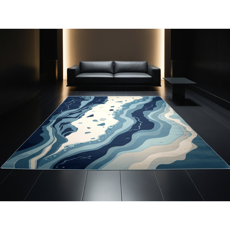 Tapis bohémien doux et moelleux à motif abstrait brun - Reliure bleu ciel, 2 x 5