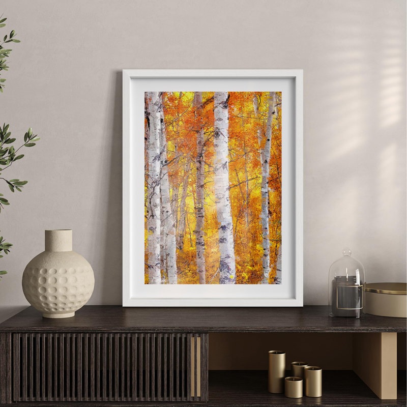 Bouleaux rayonnants, orange vif et feuilles jaunes, Nature Illustration, petit décor, œuvre d'art, Blanc, H 14 po x l 11 po