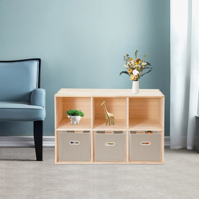 2 Tier Solid Wood Cube Shelf Bookcase With 3 Fabric Baskets