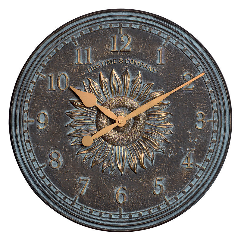 16" Bronze Verdigris Sunflower Outdoor Wall Clock and Thermometer Set