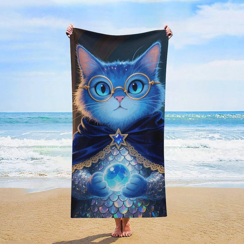 Quick Dry Microfiber Blue Glitter Cat Beach Towel, 50 x 60 in