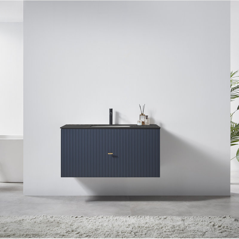 Meuble-lavabo simple 42 po avec plateau en pierre reconstituée Jamell, Bleu très foncé, Noir