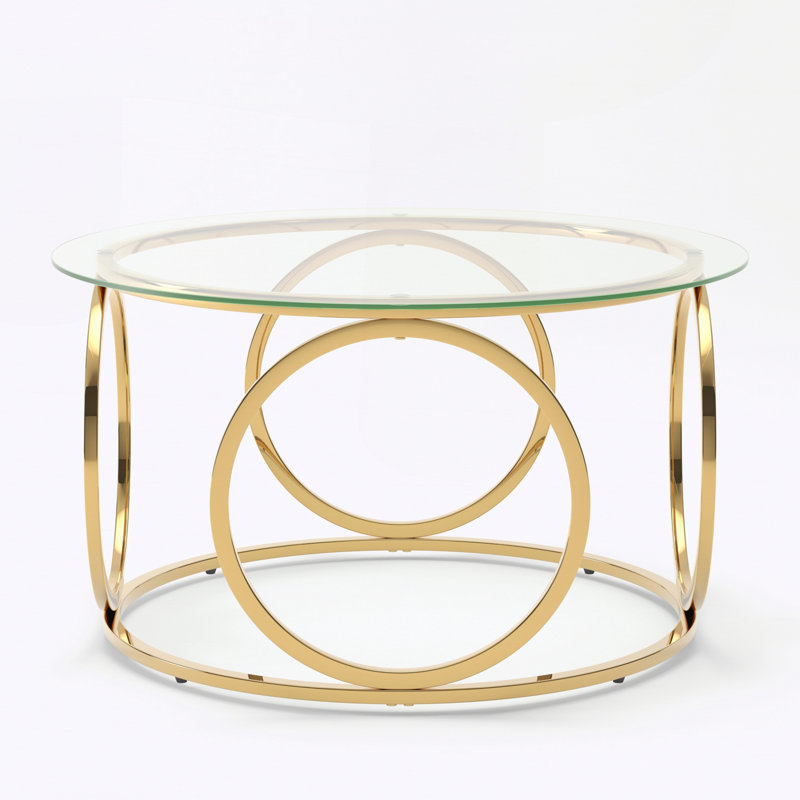 Table basse moderne avec plateau rond en verre et structure circulaire en métal, Transparent / doré