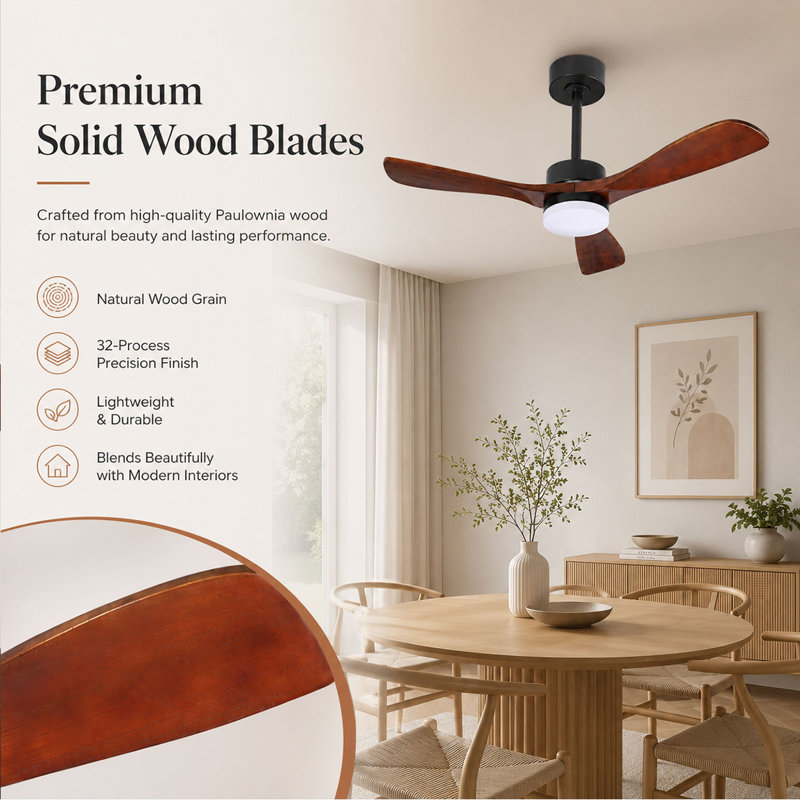 52 Inch Solid Wood Ceiling Fan with Dimmable LED Light Remote and Smart App Control 6-Speed Quiet Reversible DC Motor for Living Room