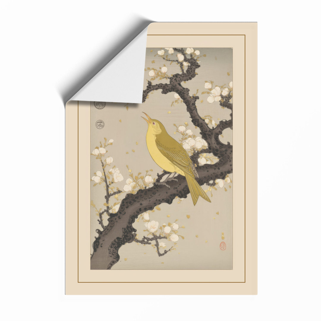 Bird on Blossom Branch Japandi - Framed Print