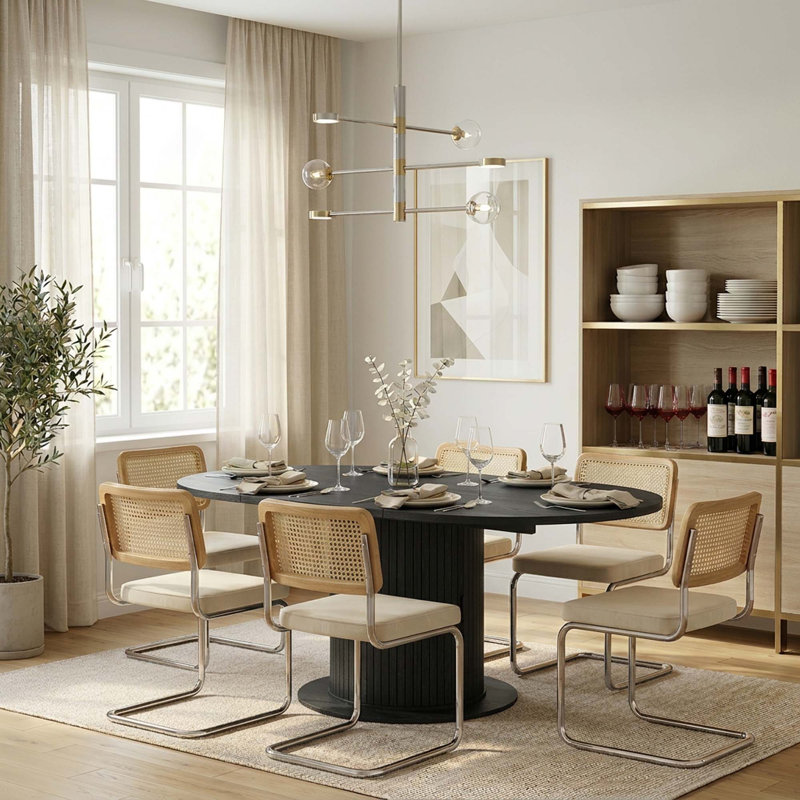 7-Piece Extendable Oval Dining Set With Storage Shelf, Velvet Chairs & Stainless Steel Base, Seats 6, Beige, Black